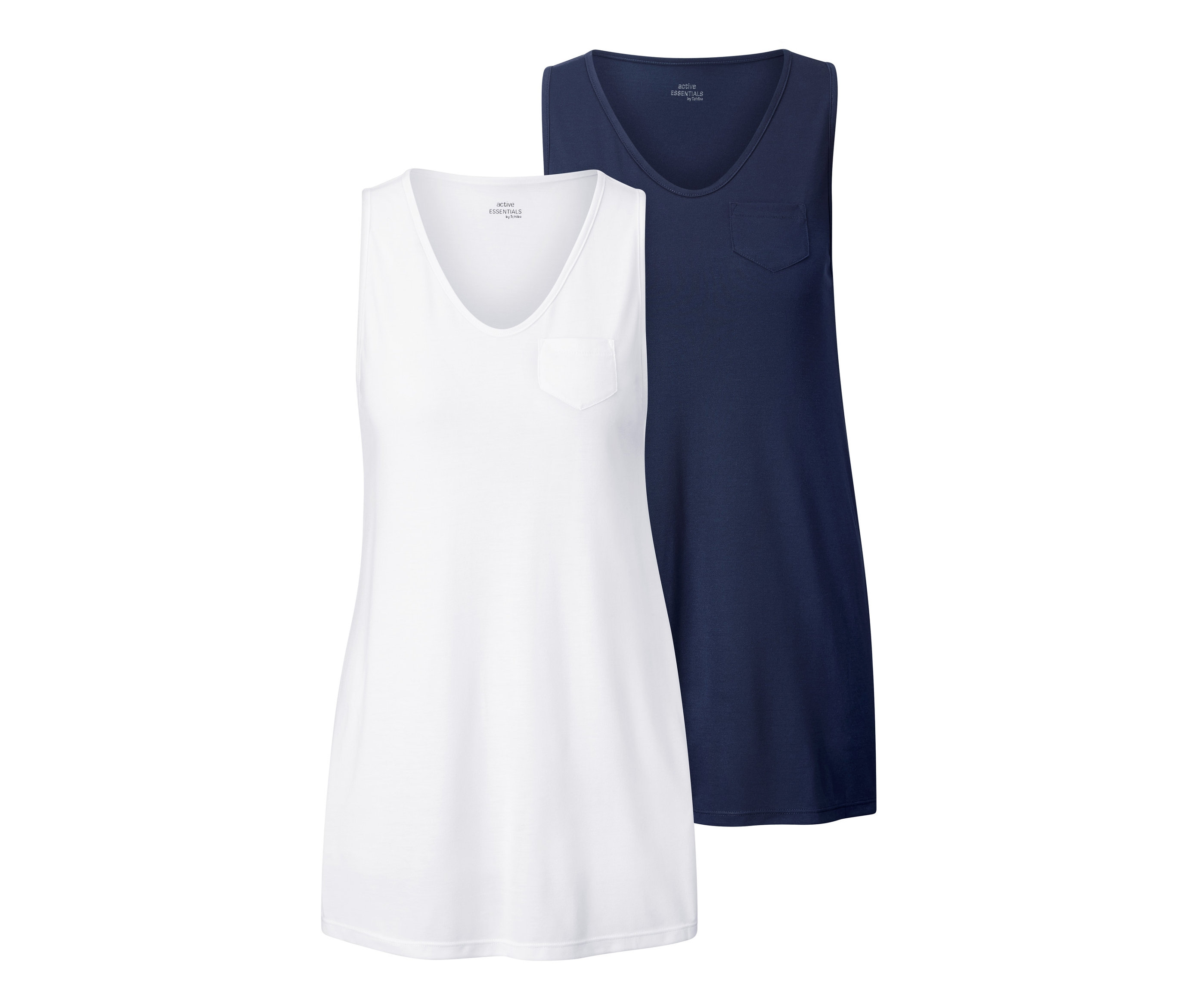 Zwei Sporttops, eins in Weiß und eins in Dunkelblau.
