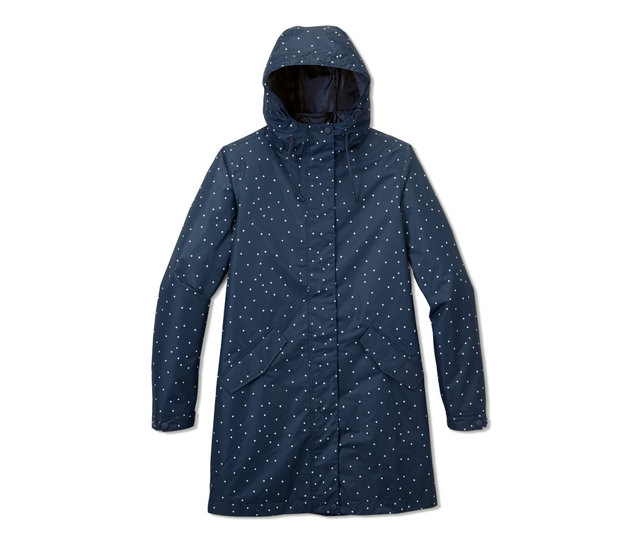 Ein blauer 3-in-1-Regenmantel mit weißen Punkten.