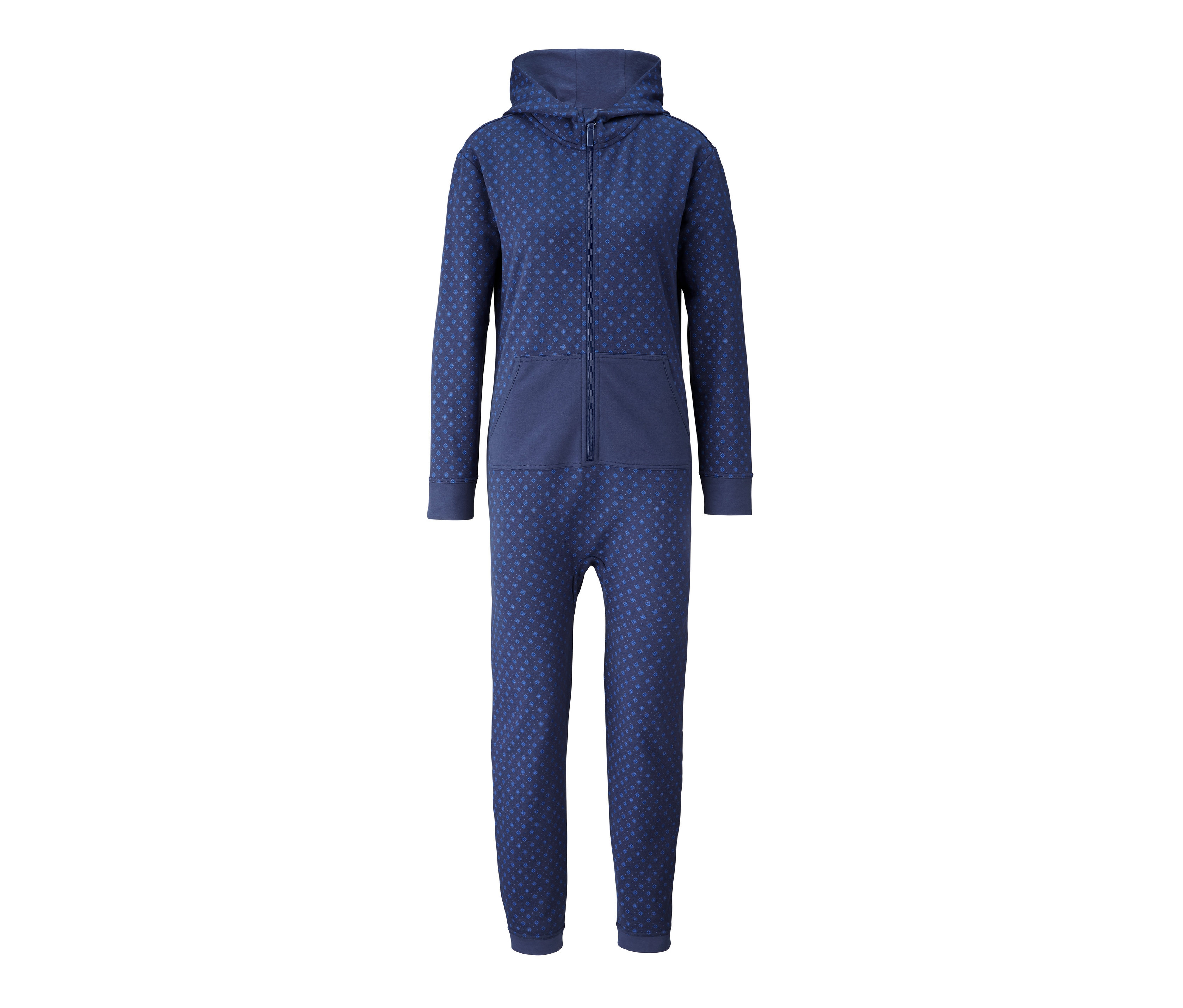Blauer Loungeoverall mit Kapuze und Schneeflockenmuster.