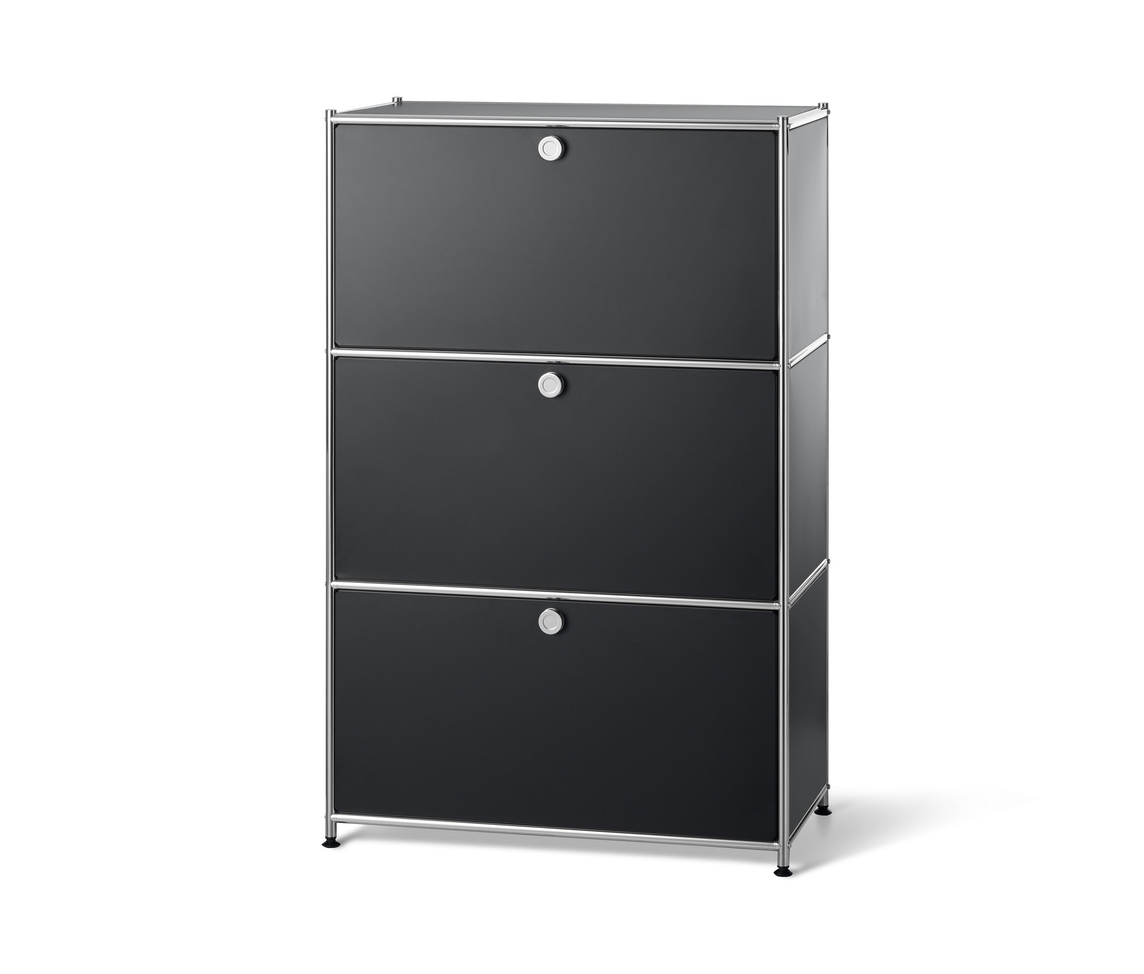 Schwarzes Metallregal mit drei Klappfächern.