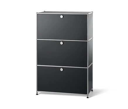 Schwarzes Metallregal mit drei Klappfächern.