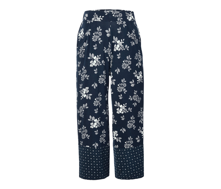 Marineblaue, bedruckte Palazzohose mit Blumenmuster.