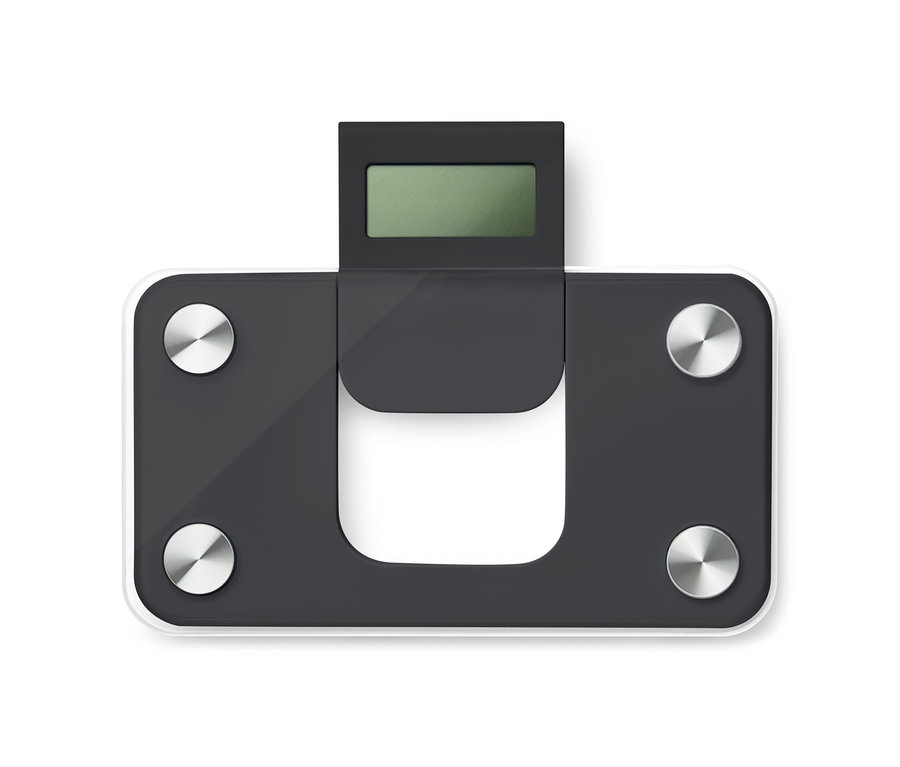 Detailaufnahme einer ultrakompakten Badwaage mit ausziehbarem Display.