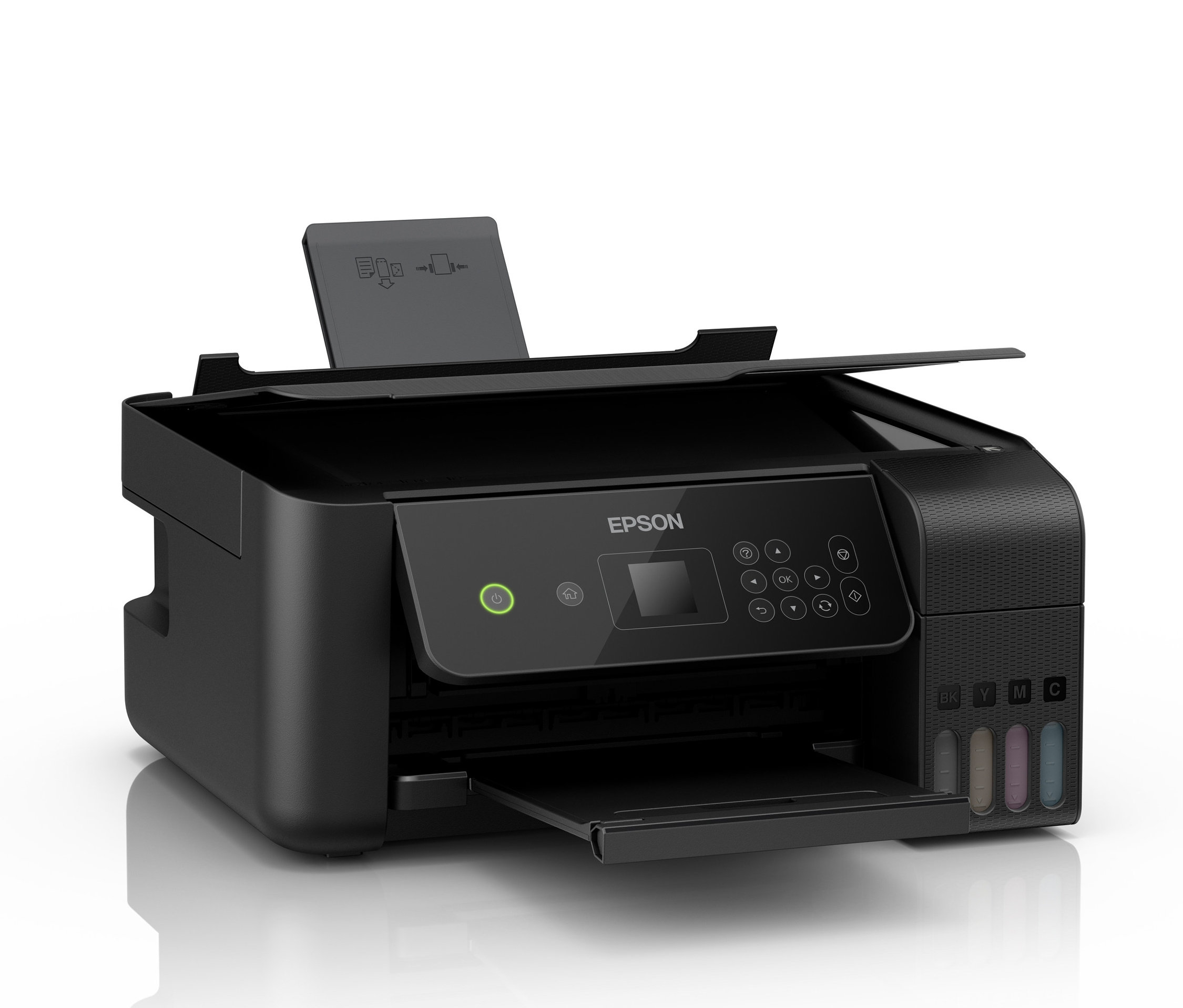 Ein schwarzer Epson EcoTank ET-2720 3-in-1 Multifunktionsdrucker auf weißem Hintergrund.