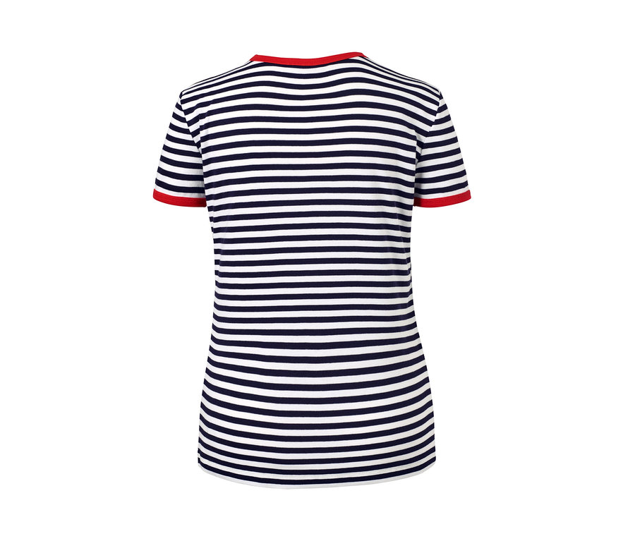 Rückansicht eines kurzärmeligen, gestreiften Kurzarmshirts mit roten Bündchen.