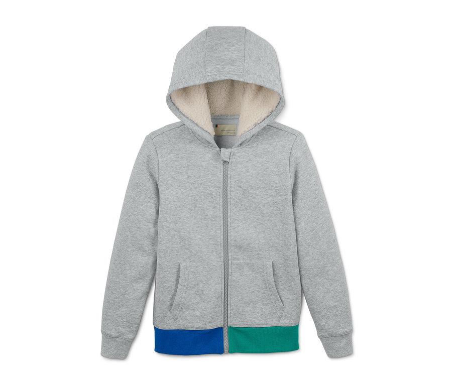 Graue Kapuzen-Sweatjacke mit Reißverschluss und Farbblöcken.