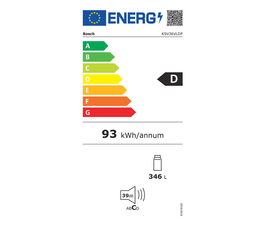 Energielabel des Bosch-Kühlschranks »KSV36VLDP«, D (von A bis G), 346 Liter, 93 kWh/annum, 39 dB.