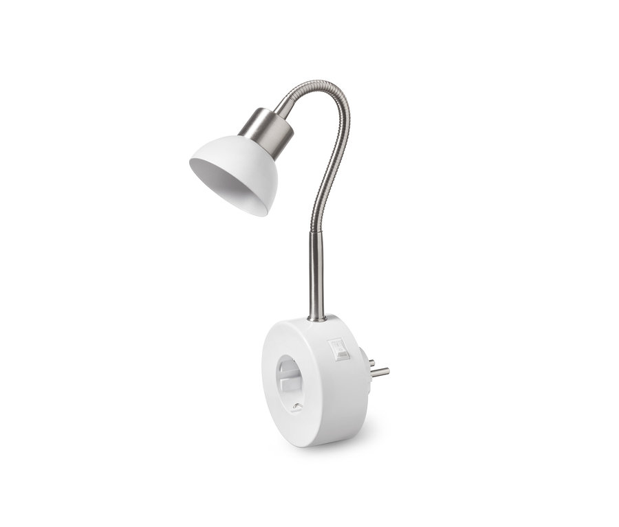 Eine weiße LED-Schwenkleuchte mit Schwanenhals und Stecker.