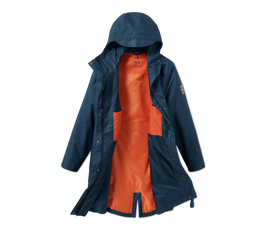 Geöffneter dunkelblauer Funktions-Regenparka mit orangefarbenem Futter.