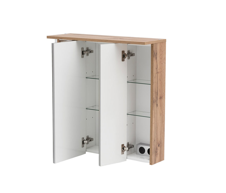 Geöffneter Spiegelschrank »SPS 700.1 Nora« mit Holzrahmen und Glasböden.