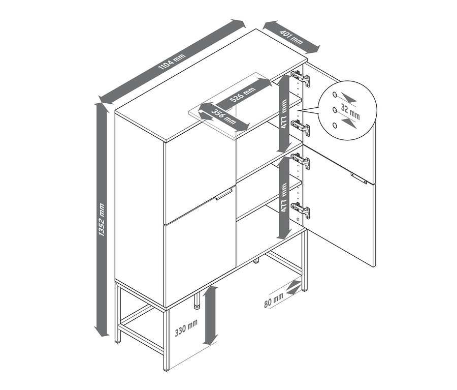 Zeichnung eines Highboards in modernem Design mit Abmessungen.