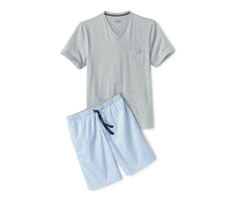 Ein grauer Shorty-Pyjama mit kurzen Ärmeln und eine blau gestreifte kurze Hose.