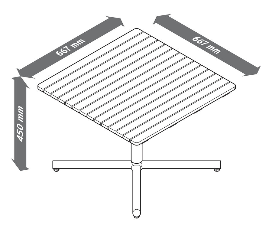 Skizze einer Gartensofa-Ecke mit den Maßen 667 mm x 667 mm und einer Höhe von 450 mm.