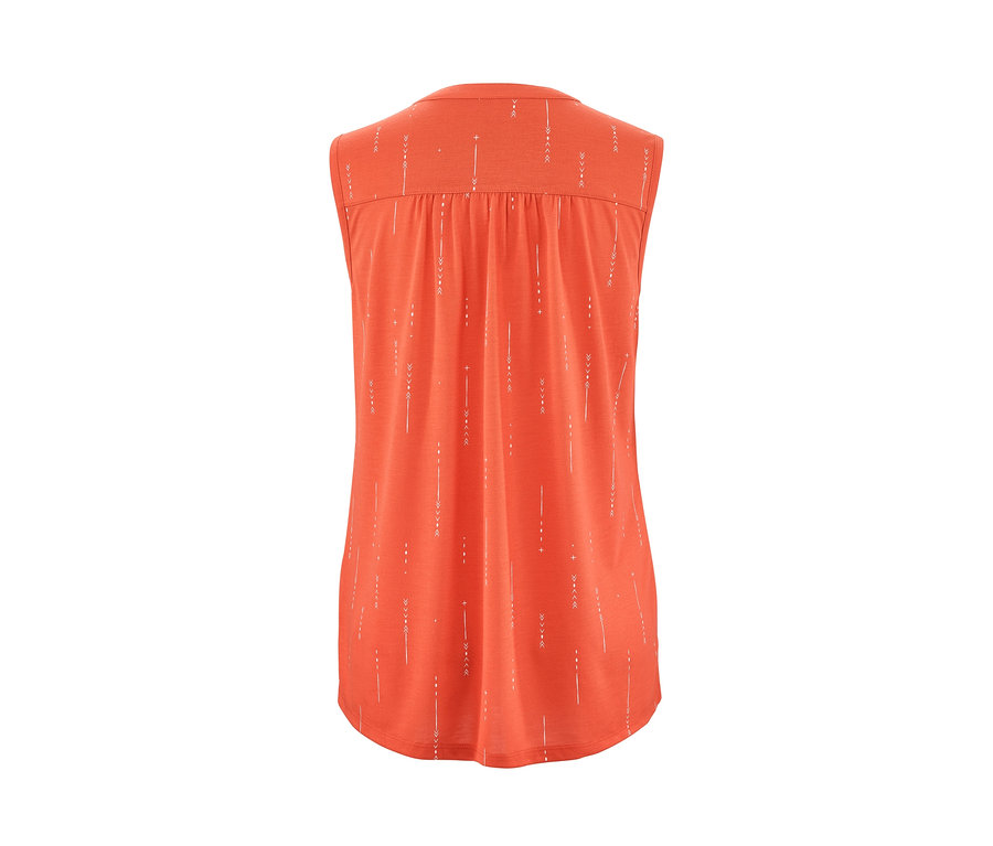 Rückansicht eines orangefarbenen Funktionstops mit weißem Aufdruck.
