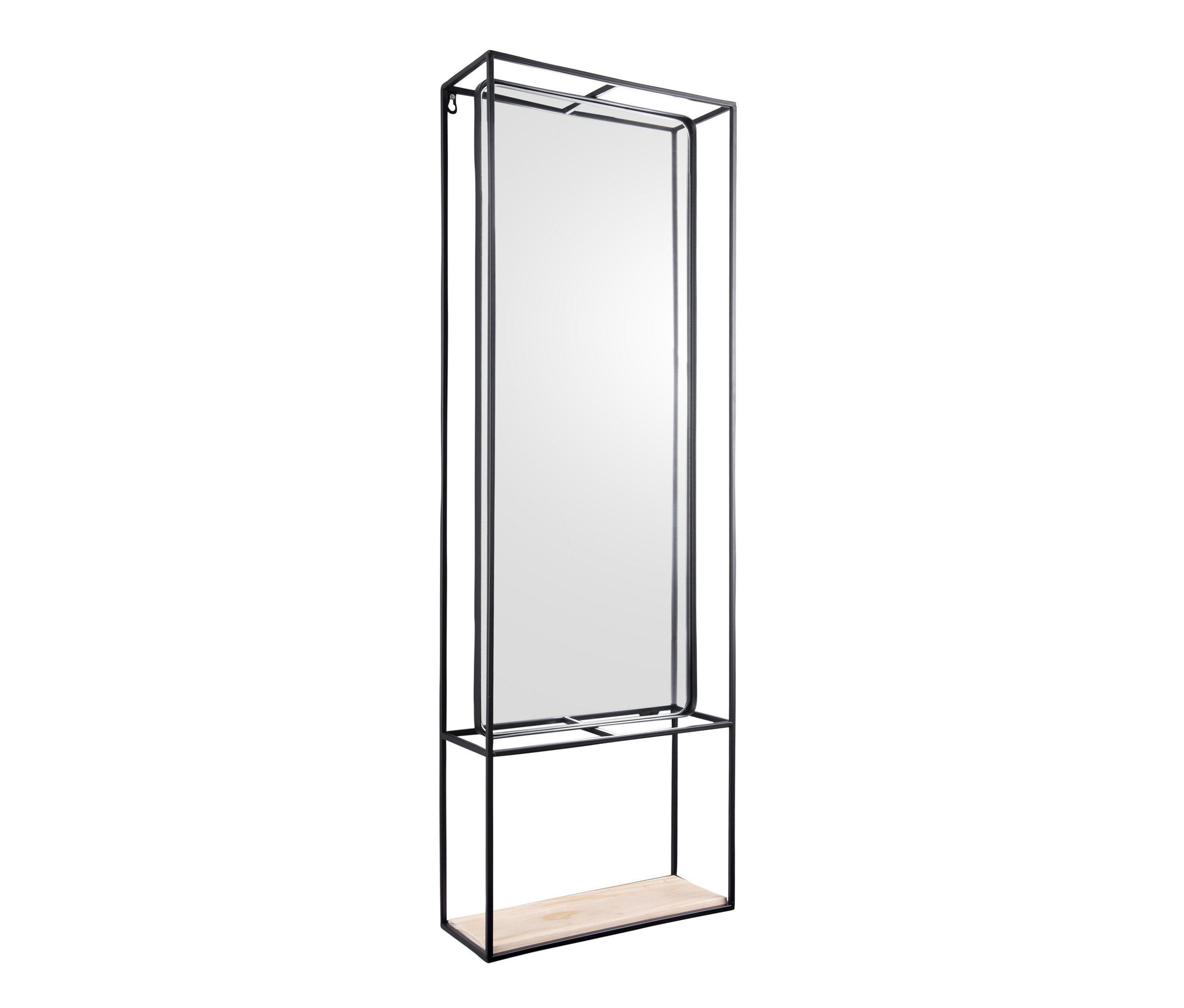 Schwarzes Wandregal »Glance« mit Spiegel und Holzablage.