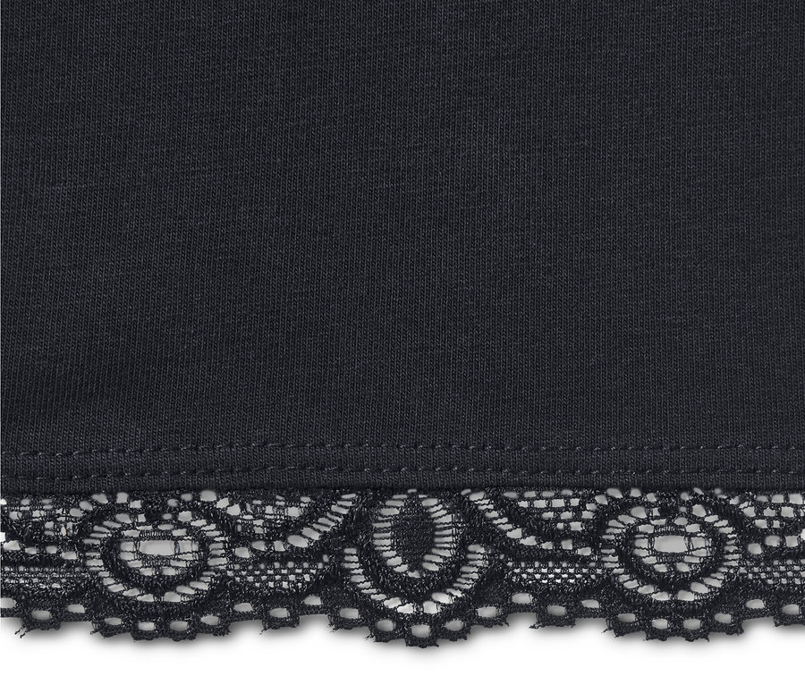 Detailaufnahme einer schwarzen 3/4-Leggings mit Spitzenborte.