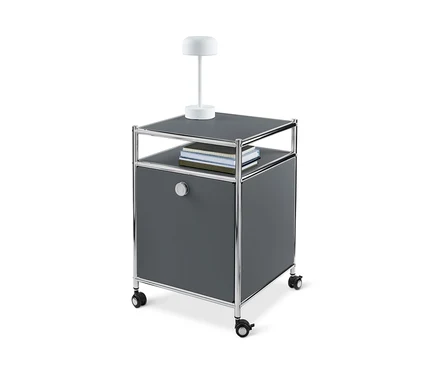 Grauer Rollcontainer Metall »CN3« mit Klappe, Lampe und Buechern.