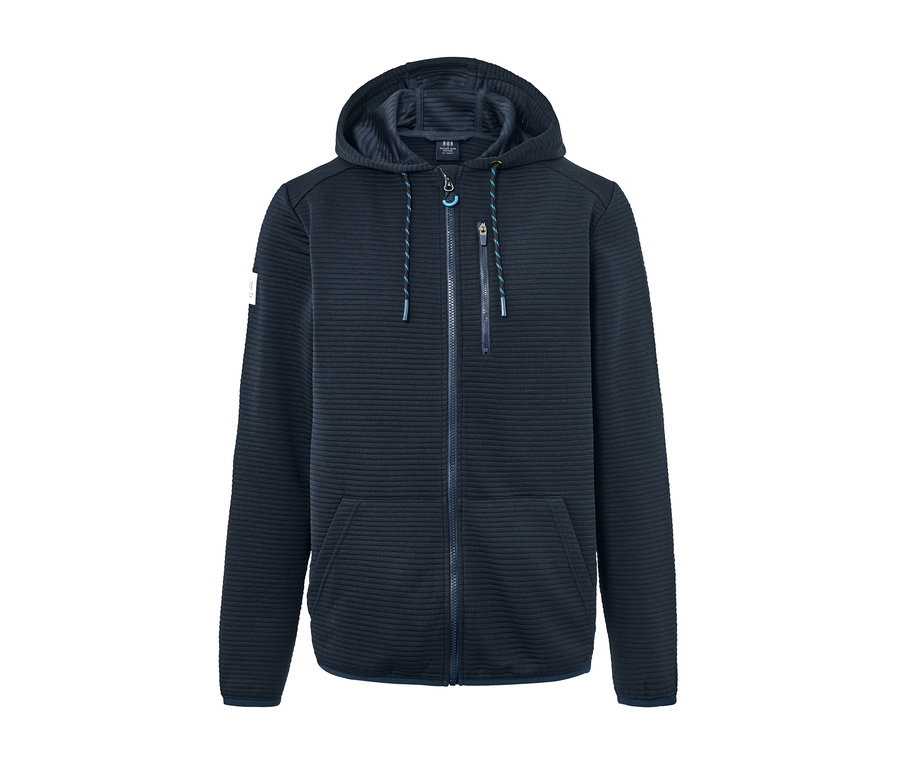 Dunkelblaue melierte Funktionsjacke auf weißem Hintergrund.