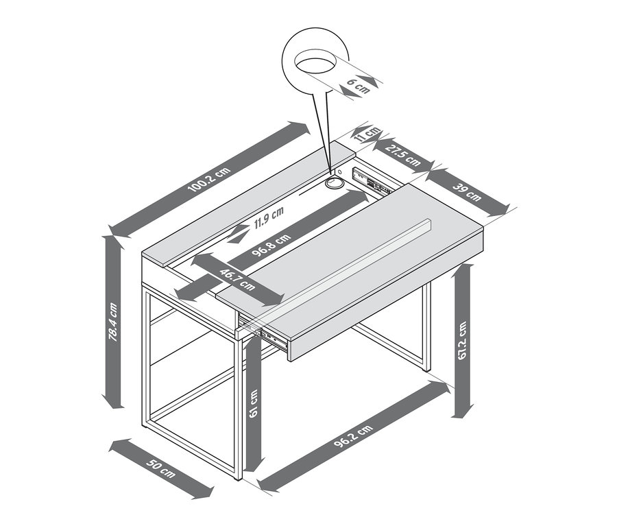 Eine Skizze von einem Sekretär-Schreibtisch mit Bemaßungen.