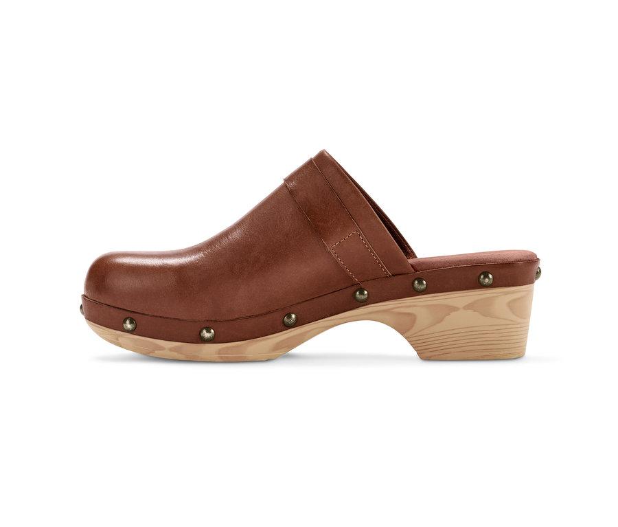 Braune Leder-Clogs auf weißem Hintergrund.