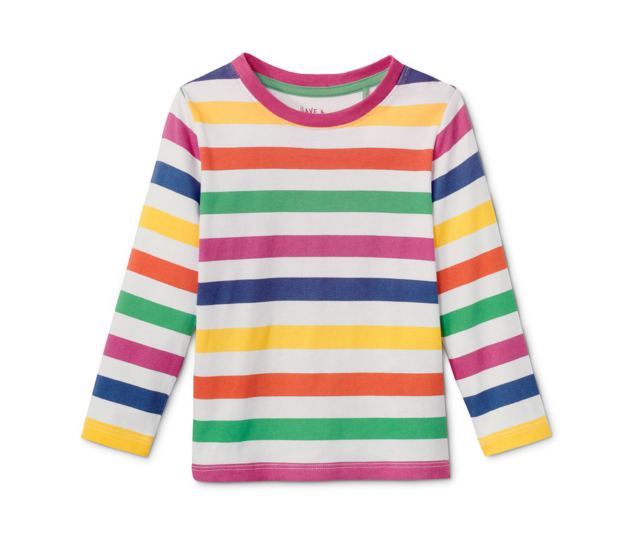 Ein gestreiftes 2 Langarmshirts liegt flach.