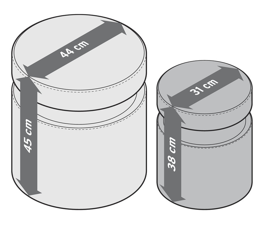 Zwei Samtpoufs mit Stauraum in verschiedenen Größen.