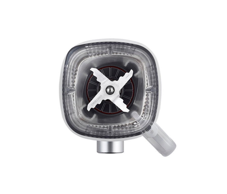 Draufsicht auf einen silberfarbenen ZWILLING® Universal-Standmixer »Enfinigy« mit transparentem Behälter und Vier-Klingen-Messer.