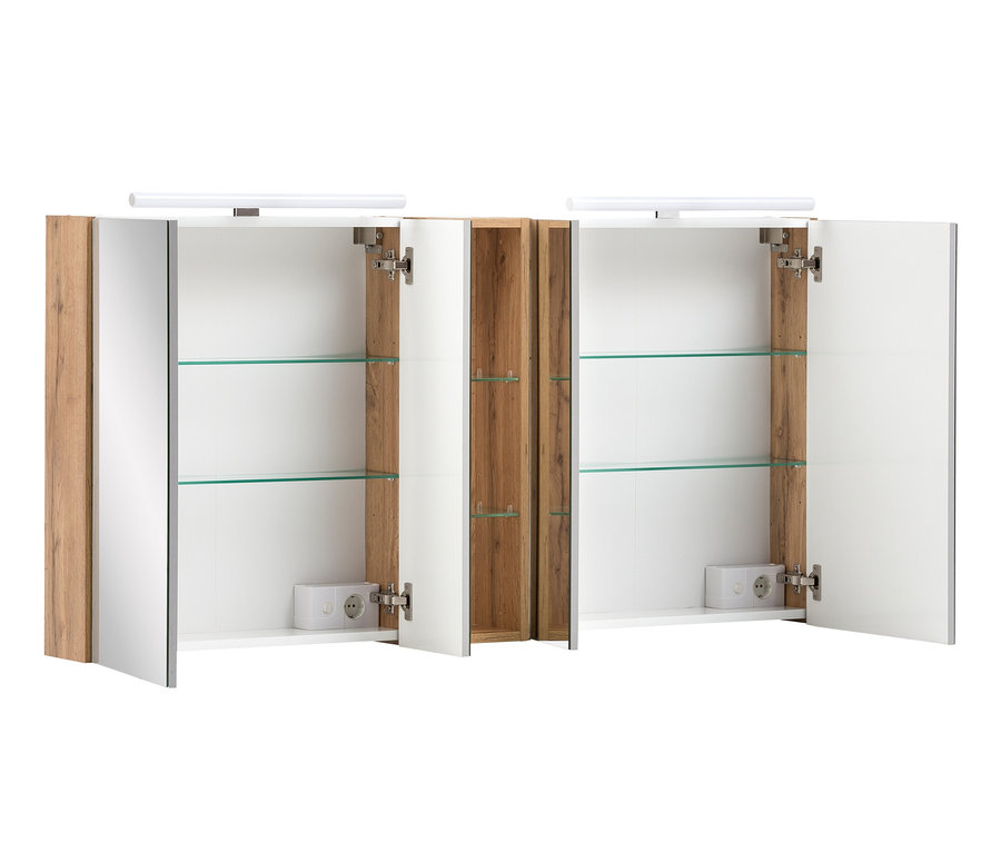 Offener Doppel-Spiegelschrank »DUO« mit Regal und Holz-Akzent.