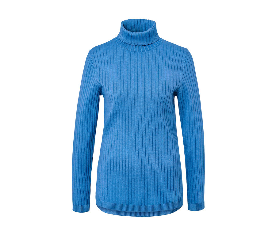Blauer gerippter Rollkragenpullover.