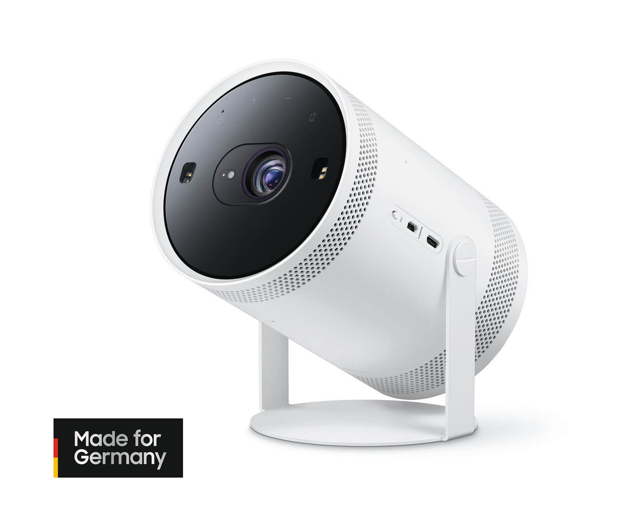 Weißer Samsung The Freestyle Projektor »SP-LSP3BLAXXE« auf weißem Hintergrund.