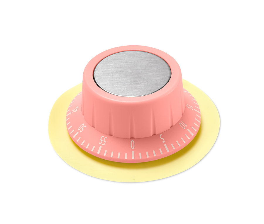 Detailaufnahme eines Kurzzeitmessers mit rosa Drehknopf und gelbem Sockel.