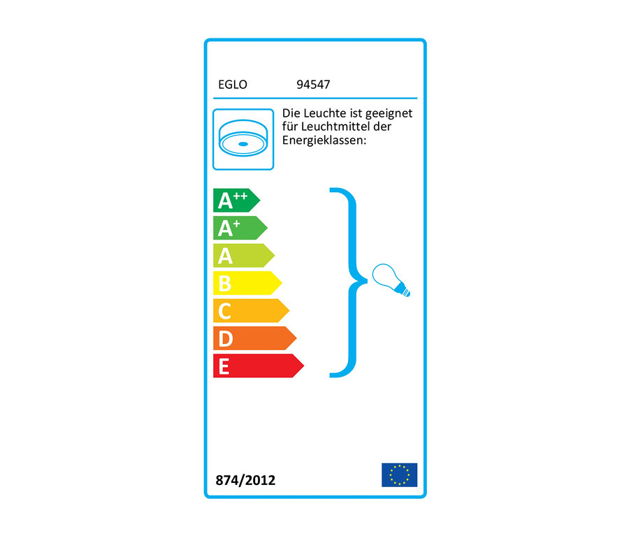 Ein Energielabel für eine Eglo Lampe mit den Klassen A++ bis E wird dargestellt. Auf dem Label ist die Deckenleuchte »MOGANO« von Eglo abgebildet.