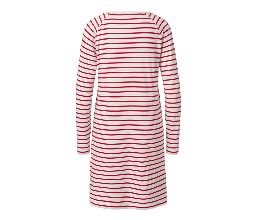 Rückansicht eines cremefarben-rot gestreiften Nachthemds.