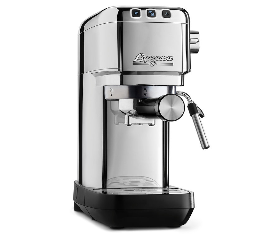 Silberne »Lapressa« Siebträgermaschine.