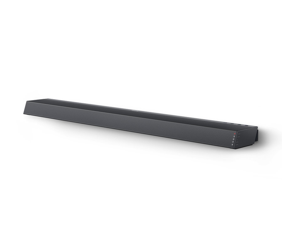 Ein schwarzer Philips Soundbar-Lautsprecher mit kabellosem Subwoofer »TAB6305« liegt horizontal auf einem weißen Hintergrund.