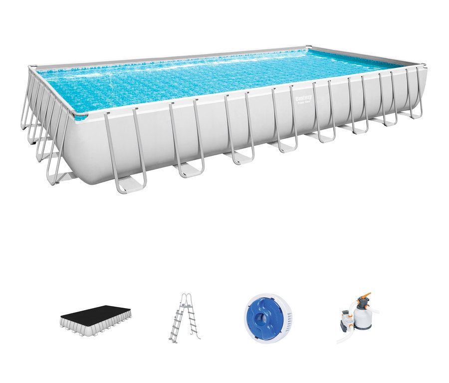 Rechteckiger Bestway-Power Steel™-Pool mit weißem Rahmen und blauem Wasser.