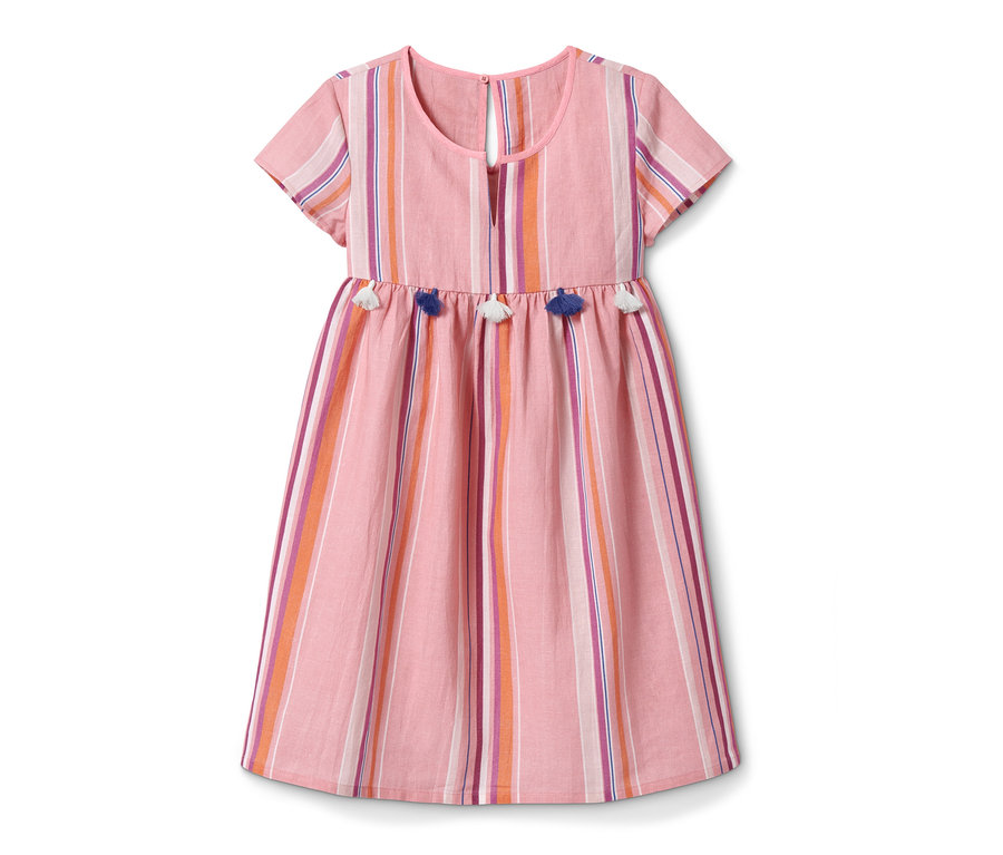 Rosa Kaftankleid mit bunten Streifen und Zierquasten aus Leinen.