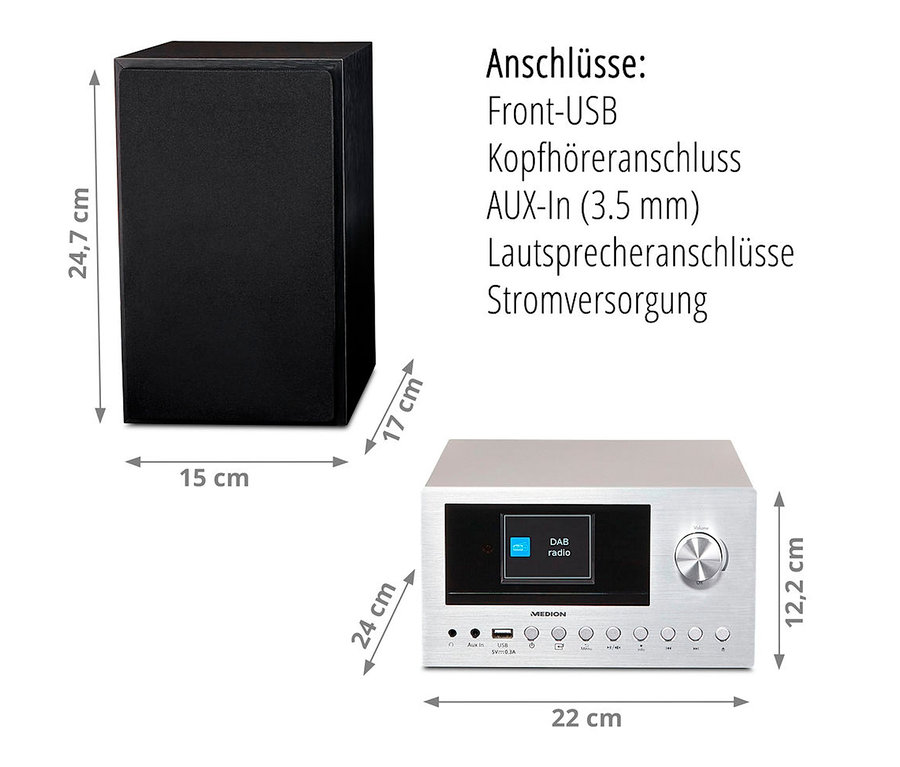 Abmessungen von Lautsprecher und MEDION® Micro-Audio-System-Kompaktanlage »P85003«.
