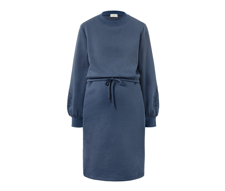 Blaues Still-/Umstands-Sweatkleid mit langen Ärmeln und Kordelzug in der Taille.