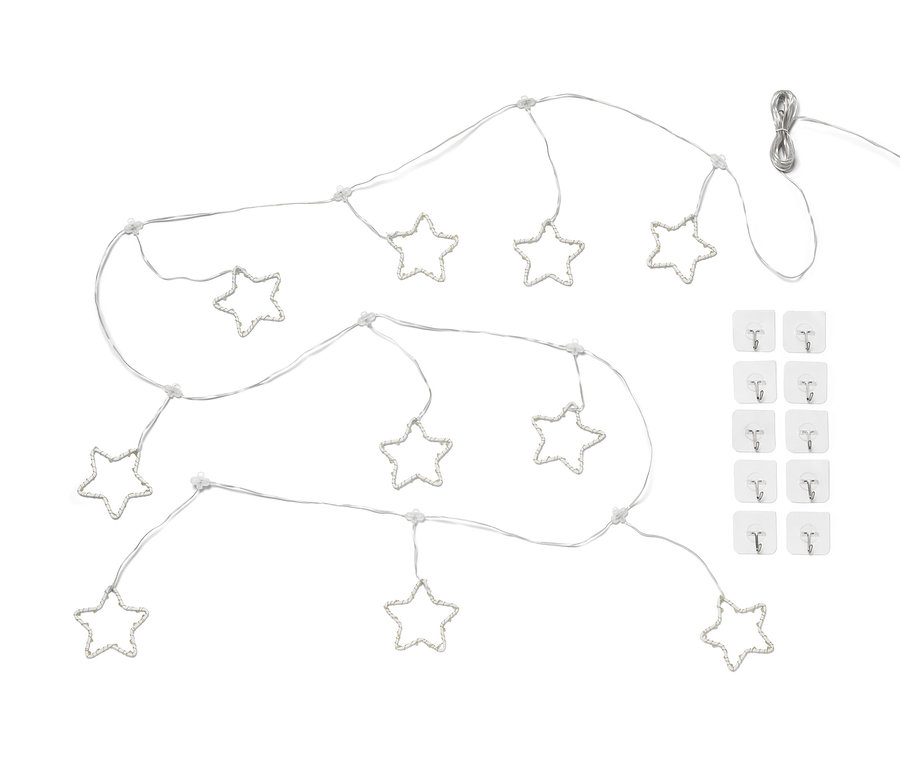 LED-Outdoor-Lichterkette »Sterne« mit zehn Sternen und einem Satz transparenter Klebehaken.