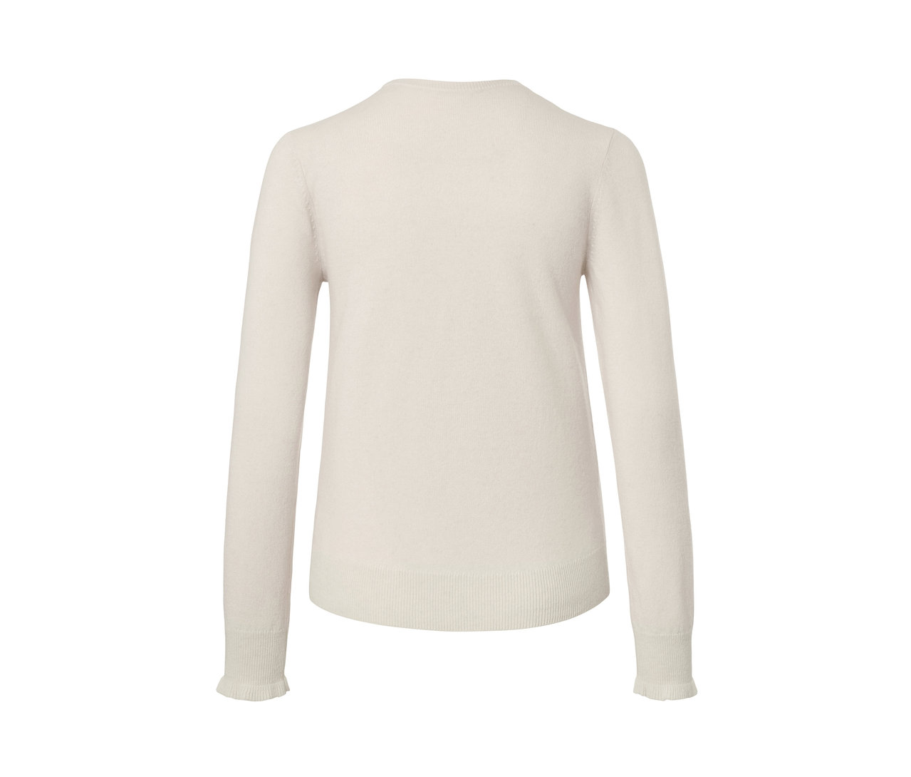 Detailansicht der Rückseite eines ecrufarbenen Feinstrickpullovers mit Cashmere.