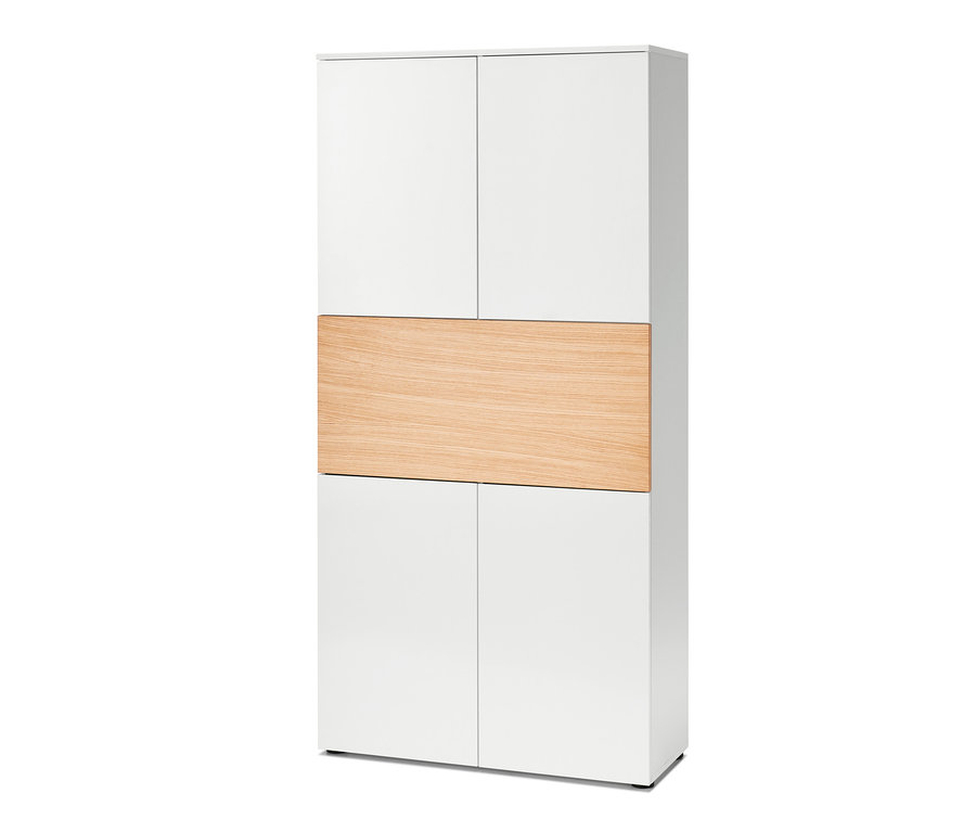 Ein weisser Office-Hochschrank mit Arbeitsfläche, vier Türen und einer hellen Arbeitsfläche in der Mitte.