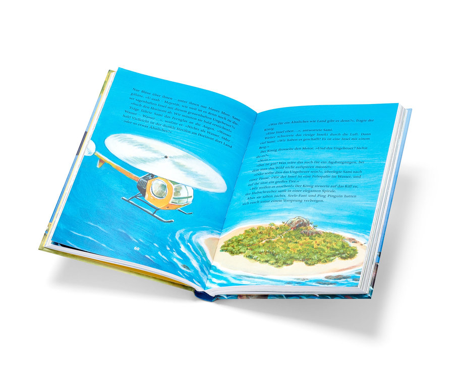 Ein gelber Hubschrauber fliegt über ein aufgeschlagenes Buch »Geschichten von Urmel aus dem Eis«, das eine Insel zeigt.