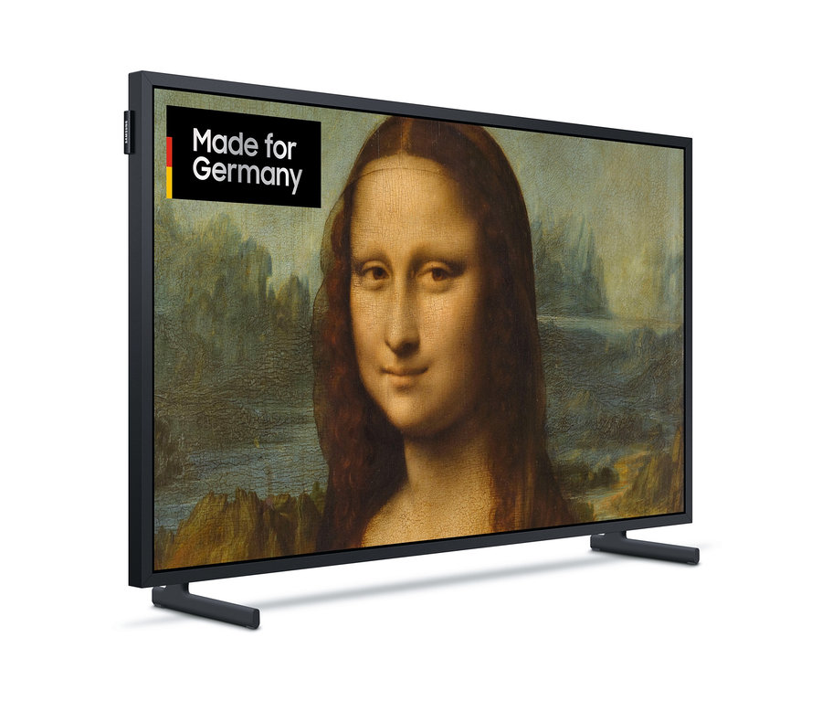 Schwarzer 32" Samsung »The Frame (2022)« GQLS03BBUXZG QLED Fernseher, der die Mona Lisa anzeigt.