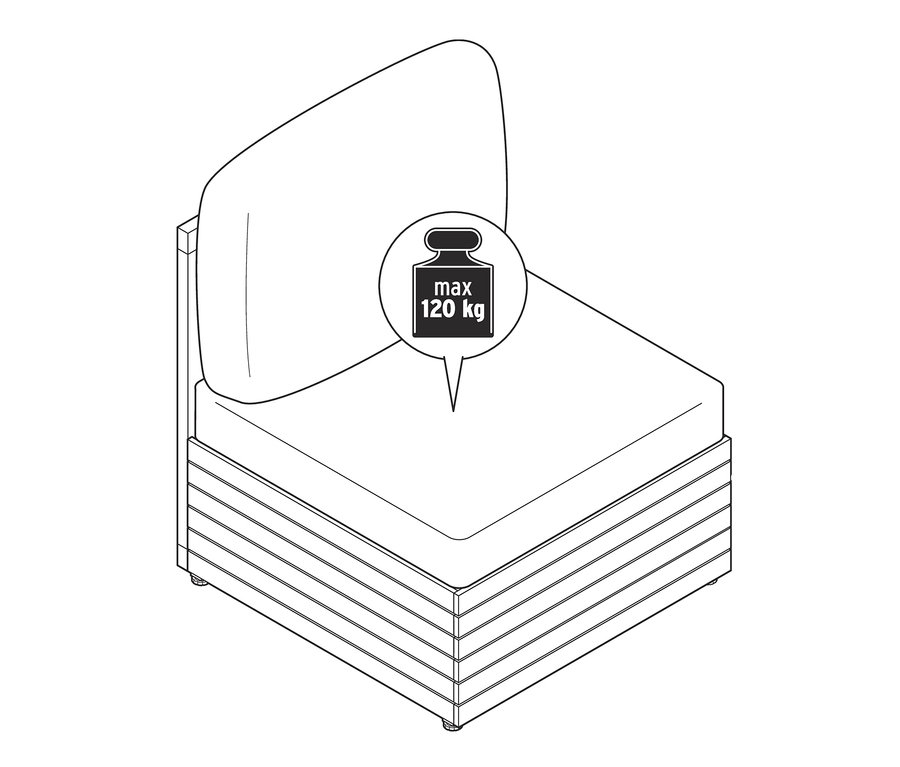 Illustration eines modularen 1-Sitzers »Tinus« mit Relax-Komfort-Kissen und maximaler Belastbarkeit von 120 kg.