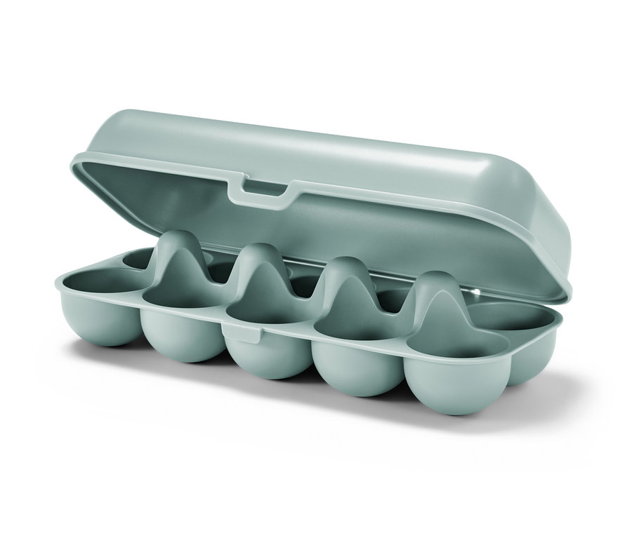 Eine geöffnete, hellblaue Eier-Aufbewahrungsbox.