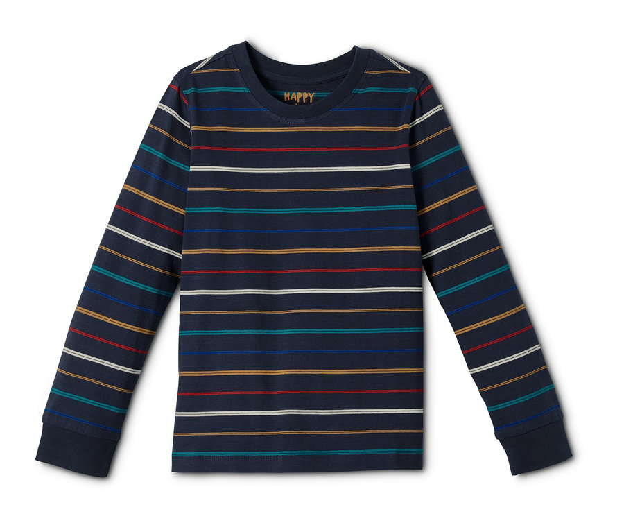 Ein dunkelblauer Pyjama mit langen Ärmeln und bunten Streifen.