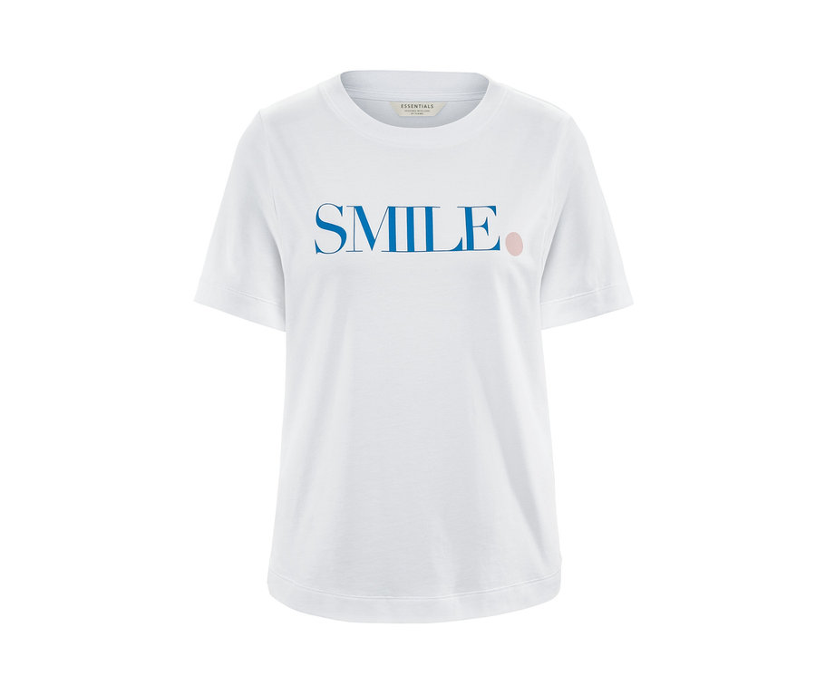Weißes T-Shirt mit blauem SMILE-Print.