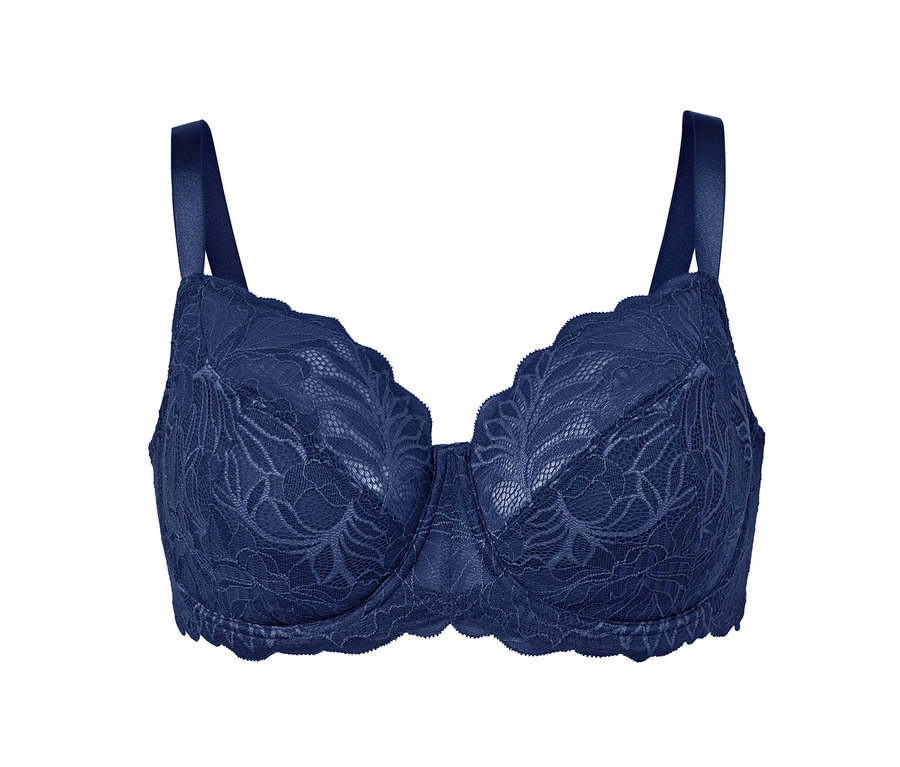 Detailaufnahme eines dunkelblauen Bügel-BHs mit Spitzenmuster.