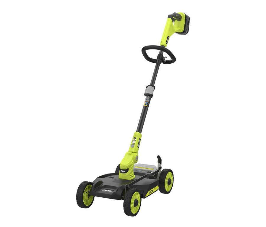 Schwarzgrauer RYOBI 18 V One+ Akku-City-Rasenmäher mit limettengrünen Akzenten und schwarzem Griff.